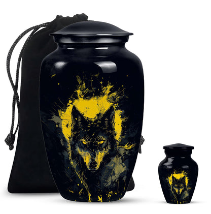 Black Personalized Wolf Cremation Urn for Human Ashes - 10-inch, 200 cu in - Yatskia