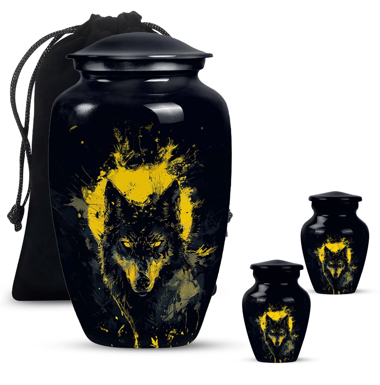 Black Personalized Wolf Cremation Urn for Human Ashes - 10-inch, 200 cu in - Yatskia