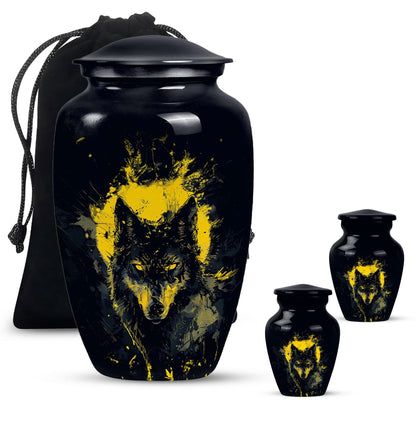 Black Personalized Wolf Cremation Urn for Human Ashes - 10-inch, 200 cu in - Yatskia