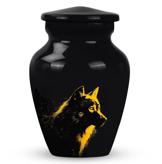 Wolf Urn for Ashes, Black with Gold Wolf Head Profile, Memorial Urn
