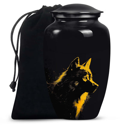Black Personalized Wolf Cremation Urn for Adult - 10-inch, 200 cu in - Yatskia