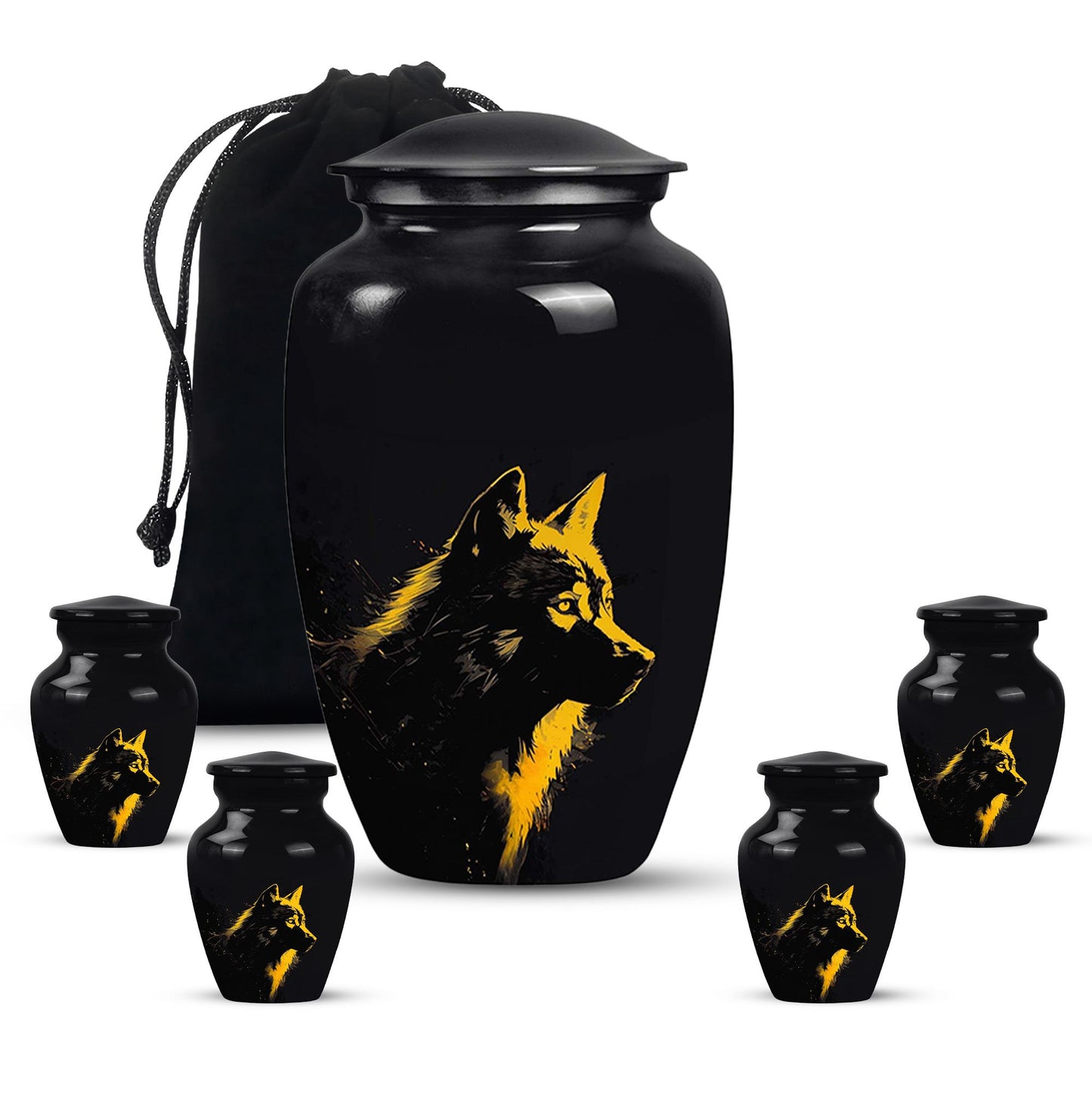 Black Personalized Wolf Cremation Urn for Adult - 10-inch, 200 cu in - Yatskia