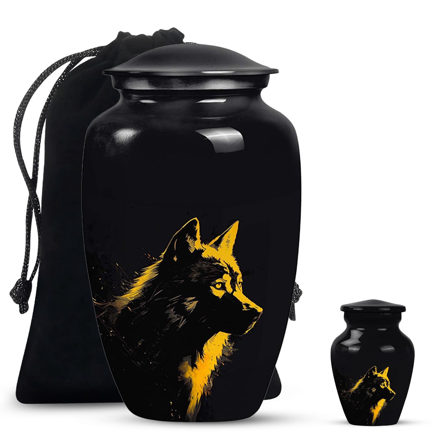 Black Personalized Wolf Cremation Urn for Adult - 10-inch, 200 cu in - Yatskia