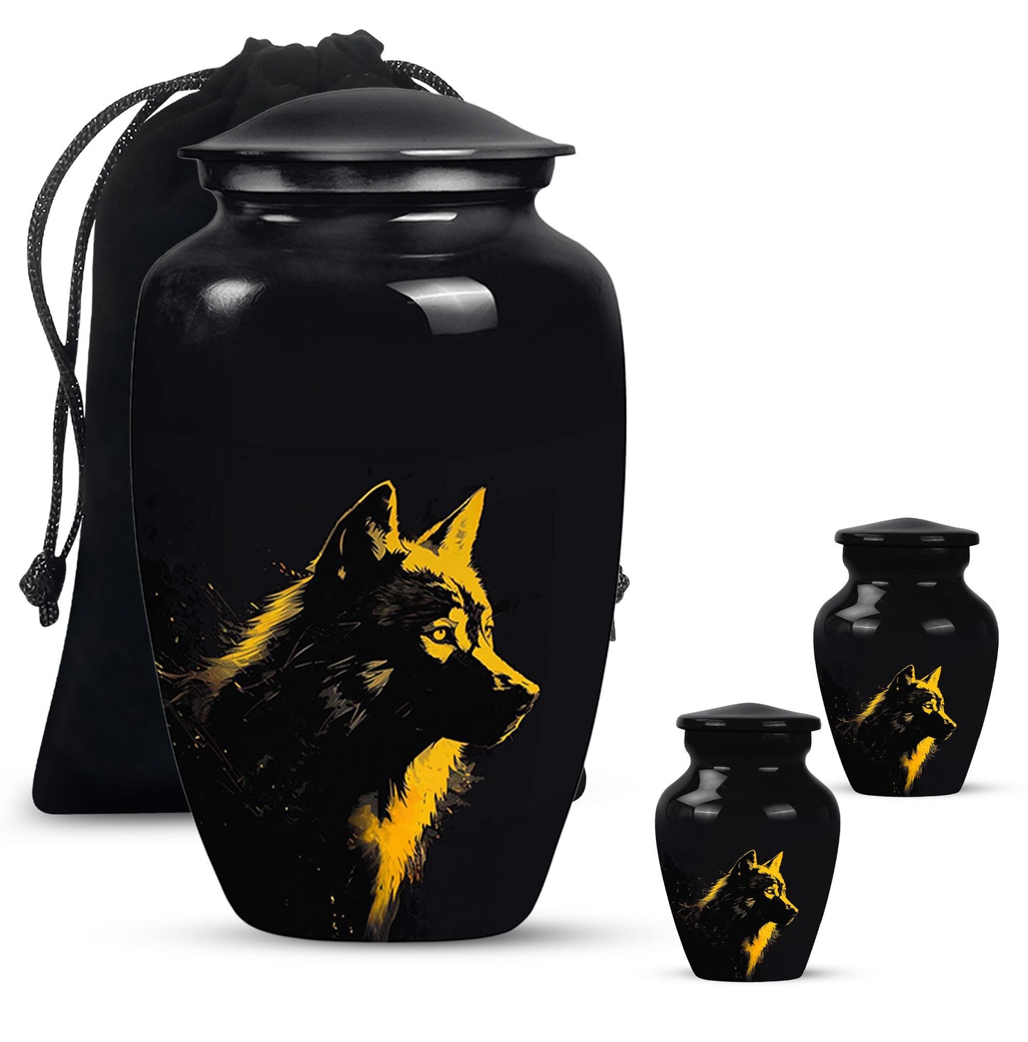 Black Personalized Wolf Cremation Urn for Adult - 10-inch, 200 cu in - Yatskia