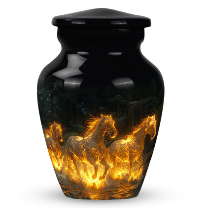 Horse Urn for Human Ashes, Glowing Fiery Horses Running Through Water, Cremation Urn