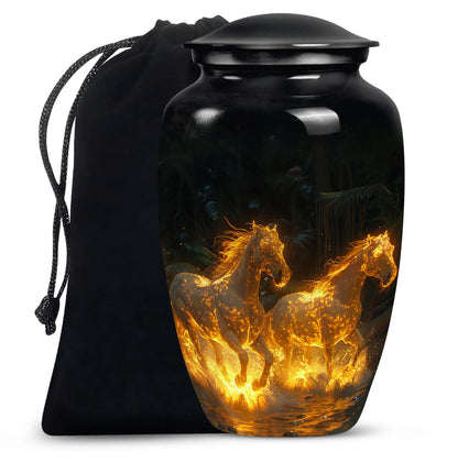 Horse Urn for Human Ashes, Glowing Fiery Horses Running Through Water, Cremation Urn