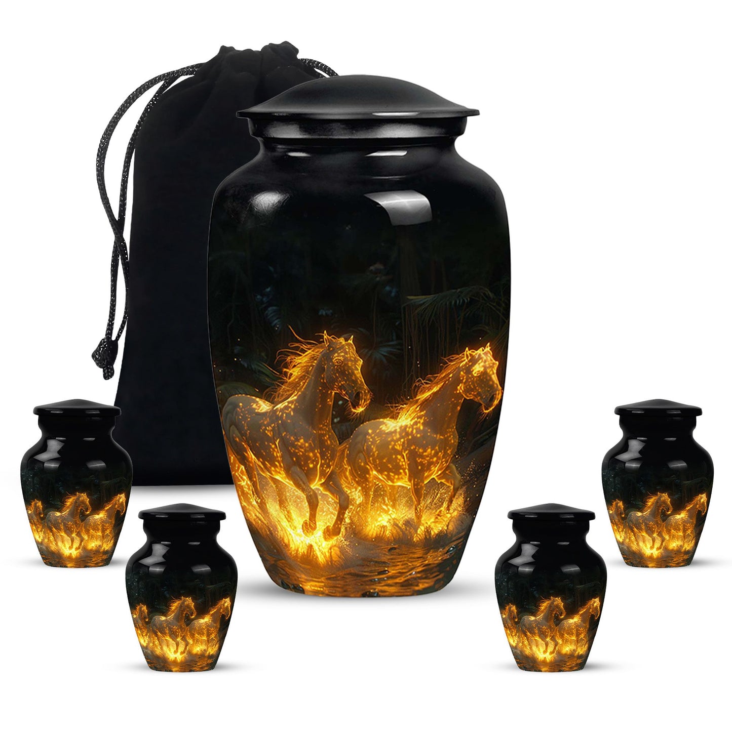 Horse Urn for Human Ashes, Glowing Fiery Horses Running Through Water, Cremation Urn