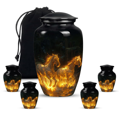 Horse Urn for Human Ashes, Glowing Fiery Horses Running Through Water, Cremation Urn