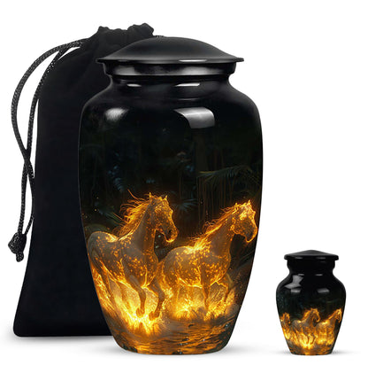 Horse Urn for Human Ashes, Glowing Fiery Horses Running Through Water, Cremation Urn