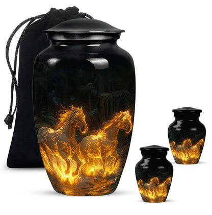 Horse Urn for Human Ashes, Glowing Fiery Horses Running Through Water, Cremation Urn