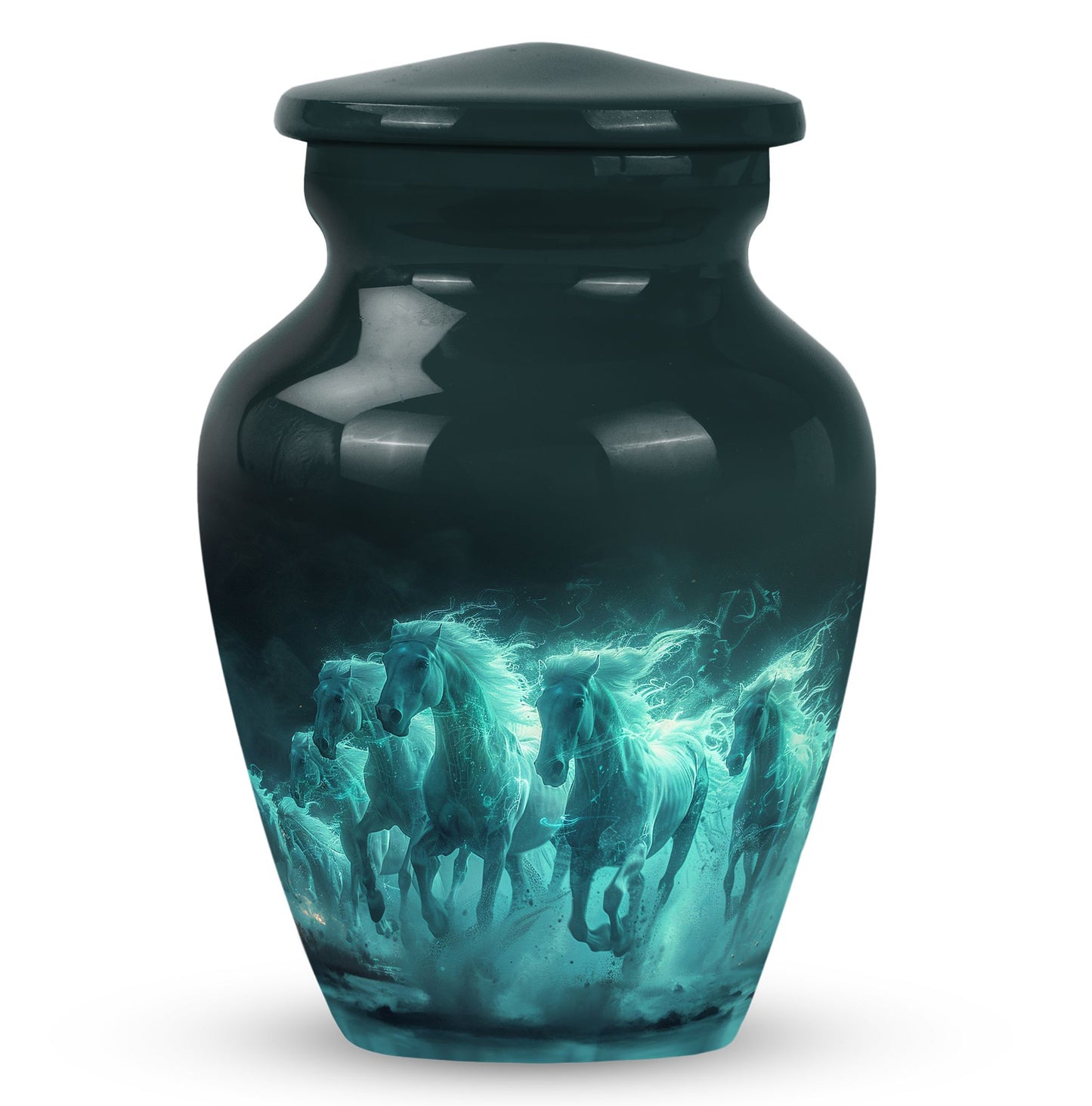 Horse Urn for Human Ashes, Herd of Teal Horses Running Through Mist, Memorial Urn