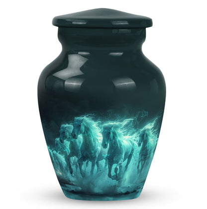 Horse Urn for Human Ashes, Herd of Teal Horses Running Through Mist, Memorial Urn