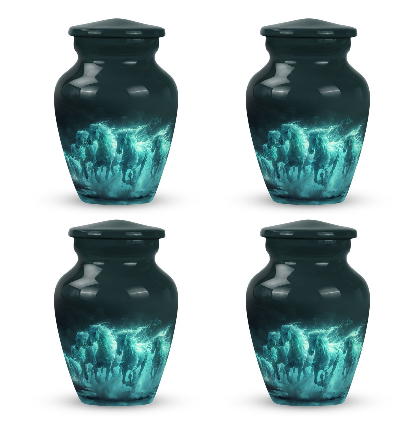 Horse Urn for Human Ashes, Herd of Teal Horses Running Through Mist, Memorial Urn