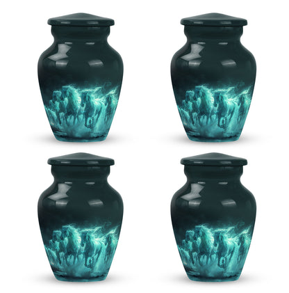 Horse Urn for Human Ashes, Herd of Teal Horses Running Through Mist, Memorial Urn