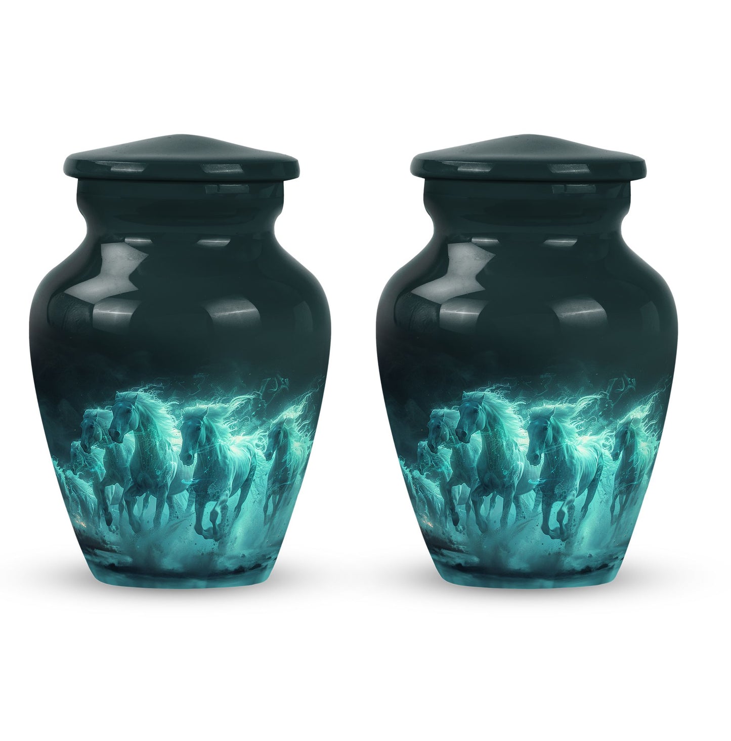 Horse Urn for Human Ashes, Herd of Teal Horses Running Through Mist, Memorial Urn