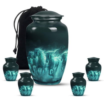 Horse Urn for Human Ashes, Herd of Teal Horses Running Through Mist, Memorial Urn