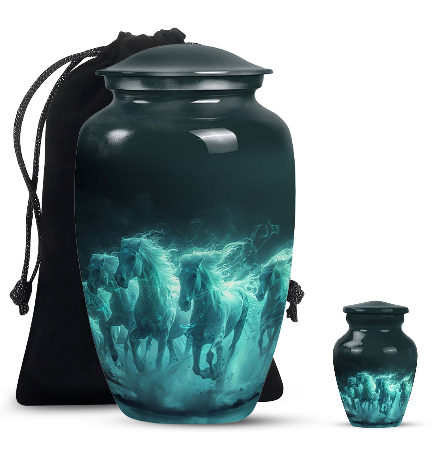 Horse Urn for Human Ashes, Herd of Teal Horses Running Through Mist, Memorial Urn