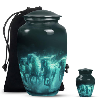 Horse Urn for Human Ashes, Herd of Teal Horses Running Through Mist, Memorial Urn