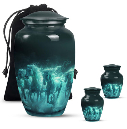 Horse Urn for Human Ashes, Herd of Teal Horses Running Through Mist, Memorial Urn
