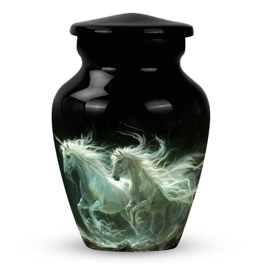 Unicorn Urn for Human Ashes, Ghostly White Horses with Horned Leader