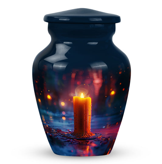 Candle Urn for Ashes with Lit Candle and Wax Drips, Night Bokeh Memorial Urn