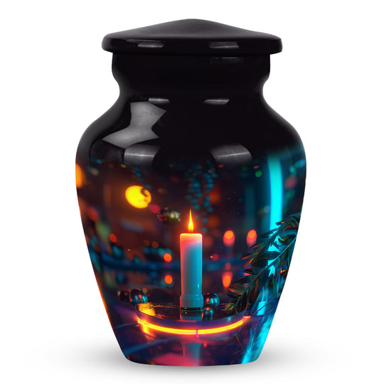 Candle Urn for Human Ashes, Lit with Neon Lit Bokeh, Classic Memorial Urn
