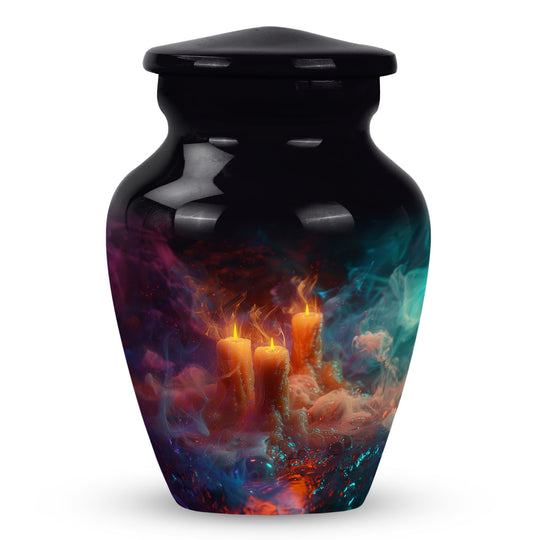 Candle Urn for Human Ashes, Burning Amid Colorful Swirling Smoke, Cremation Urn