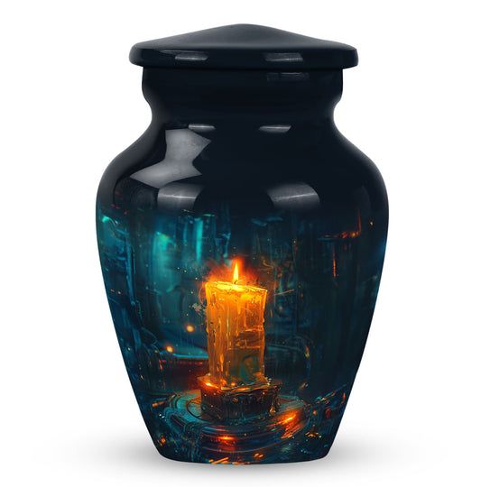 Candle Urn for Human Ashes, Glowing Digital Art in Dark Futuristic Setting, Classic Vase Urn