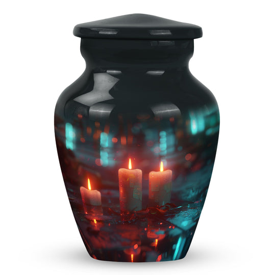 Candle Urn for Human Ashes, Three Candles with Teal City Bokeh, Memorial Urn