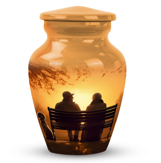 Couple Urn for Human Ashes with Sunset Bench Scene, Golden Hour Memorial Urn