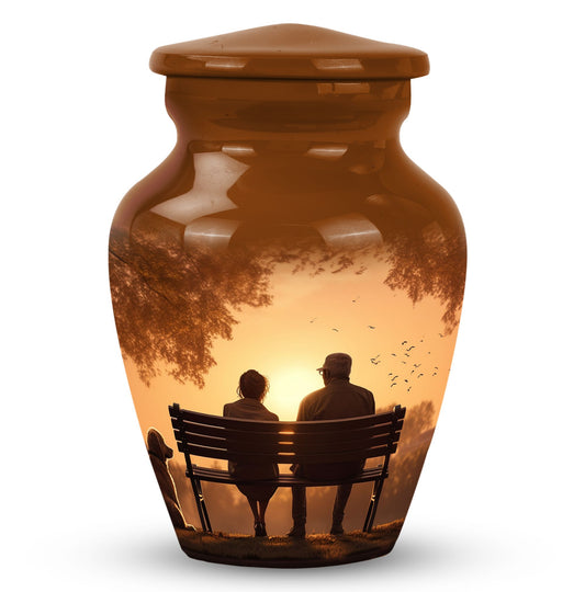 Couple Urn for Human Ashes, Elderly Silhouette Watching the Sunset, Orange Toned Gloss Urn