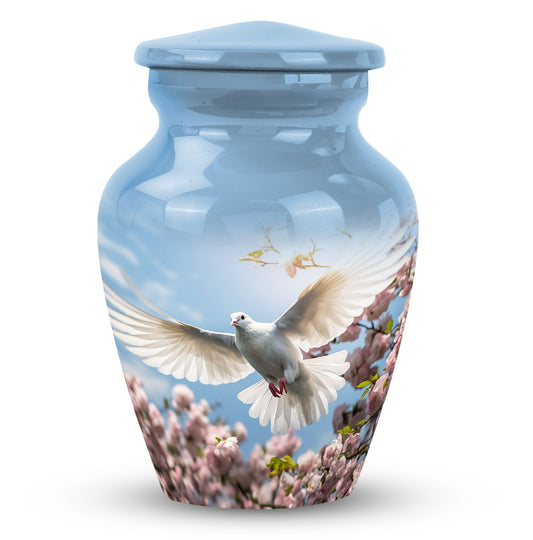 Bird Urn for Human Ashes, White Dove in Flight over Blossoms, Cremation Urn