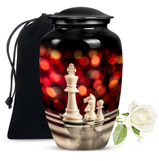 10-inch Classic Chess-themed Aluminium Cremation Urn for Adult Males