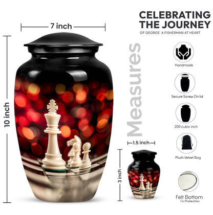 10-inch Classic Chess-themed Aluminium Cremation Urn for Adult Males