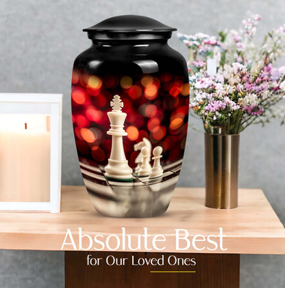 10-inch Classic Chess-themed Aluminium Cremation Urn for Adult Males