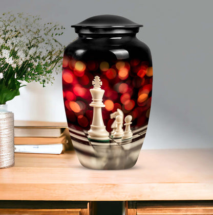 10-inch Classic Chess-themed Aluminium Cremation Urn for Adult Males