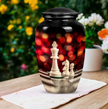 10-inch Classic Chess-themed Aluminium Cremation Urn for Adult Males