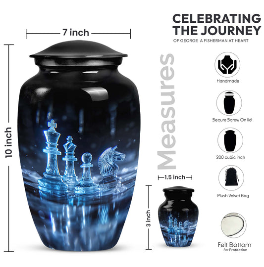 10-inch classic chess-themed aluminum cremation urn for men with customizable engraving