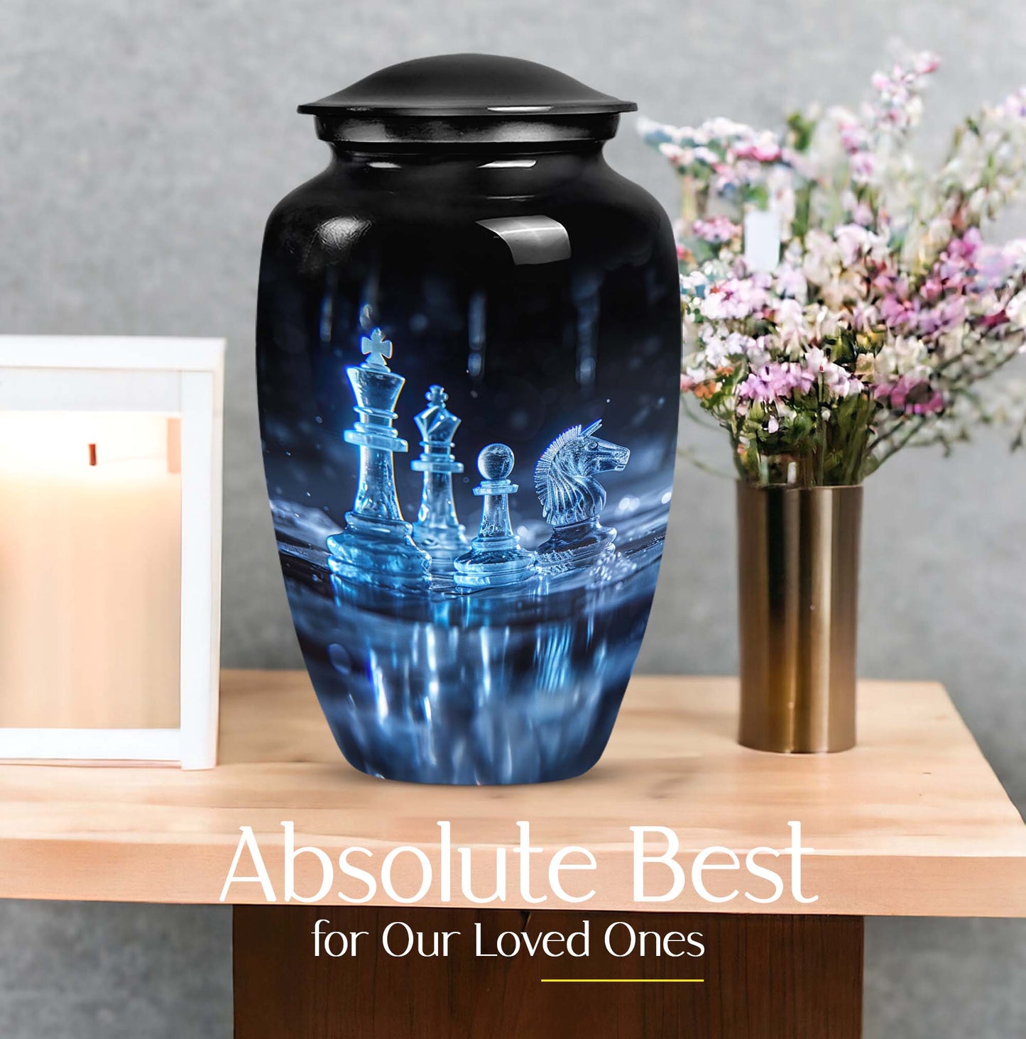 10-inch classic chess-themed aluminum cremation urn for men with customizable engraving