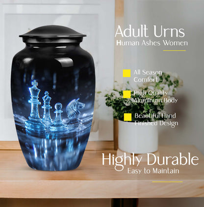 10-inch classic chess-themed aluminum cremation urn for men with customizable engraving