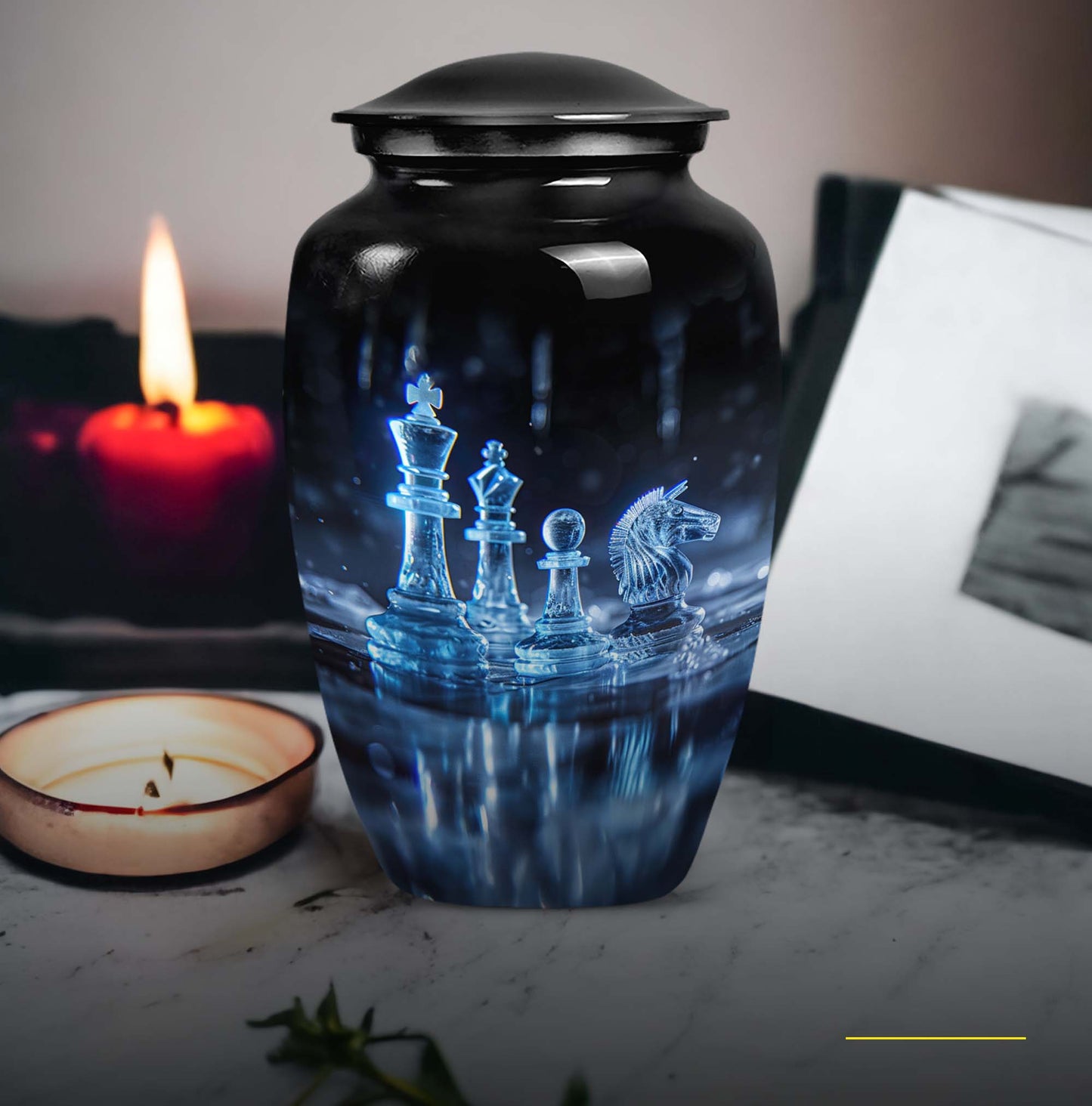 10-inch classic chess-themed aluminum cremation urn for men with customizable engraving