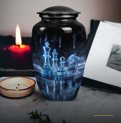 10-inch classic chess-themed aluminum cremation urn for men with customizable engraving
