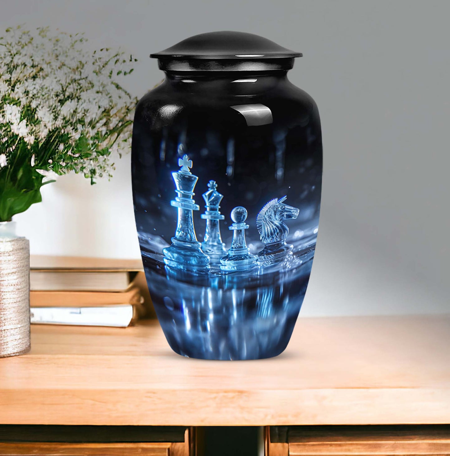 10-inch classic chess-themed aluminum cremation urn for men with customizable engraving