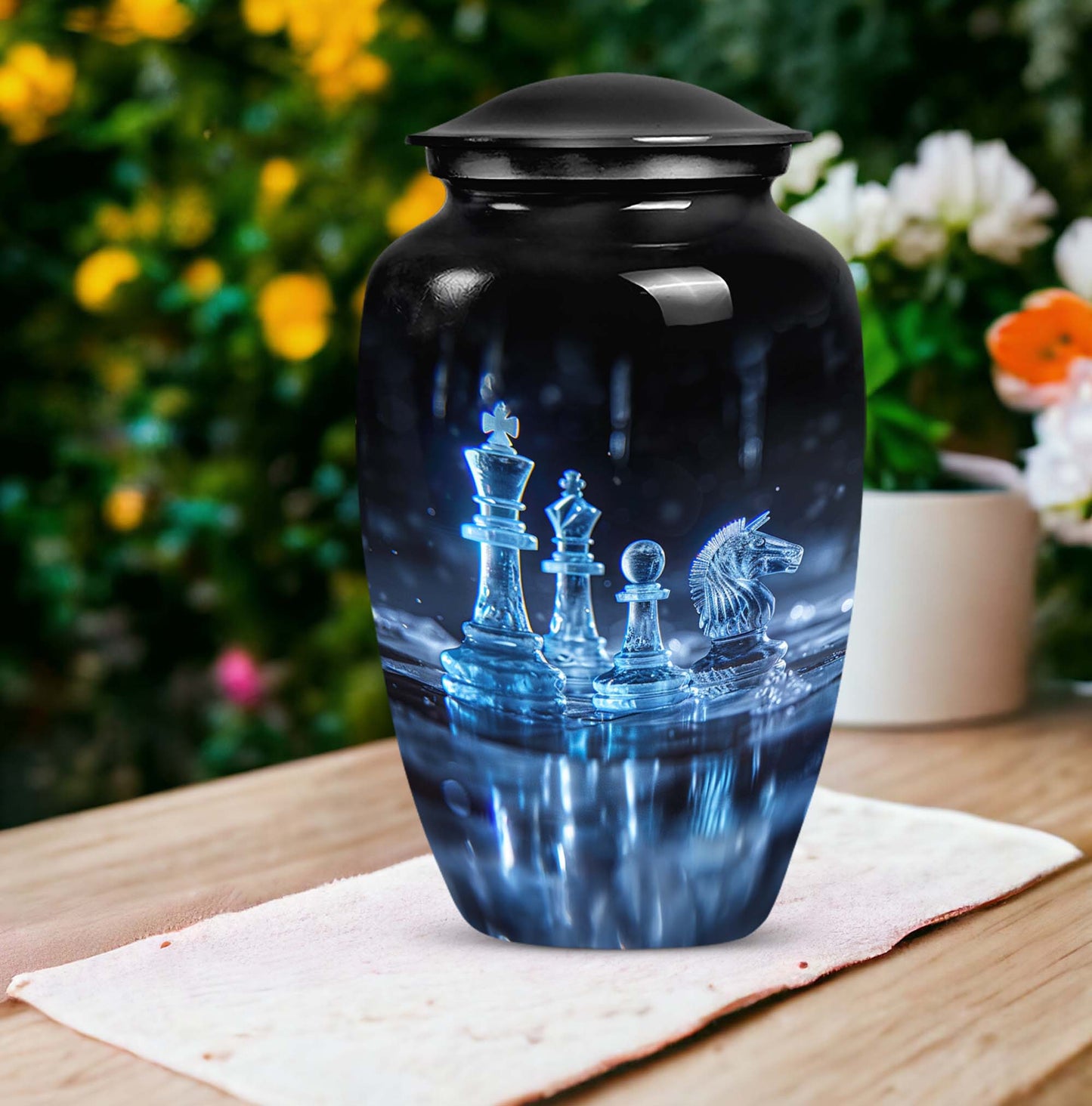 10-inch classic chess-themed aluminum cremation urn for men with customizable engraving