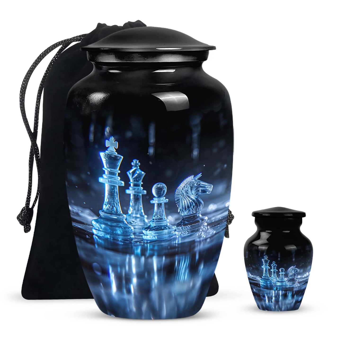 10-inch classic chess-themed aluminum cremation urn for men with customizable engraving