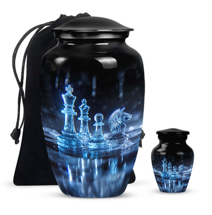 10-inch classic chess-themed aluminum cremation urn for men with customizable engraving