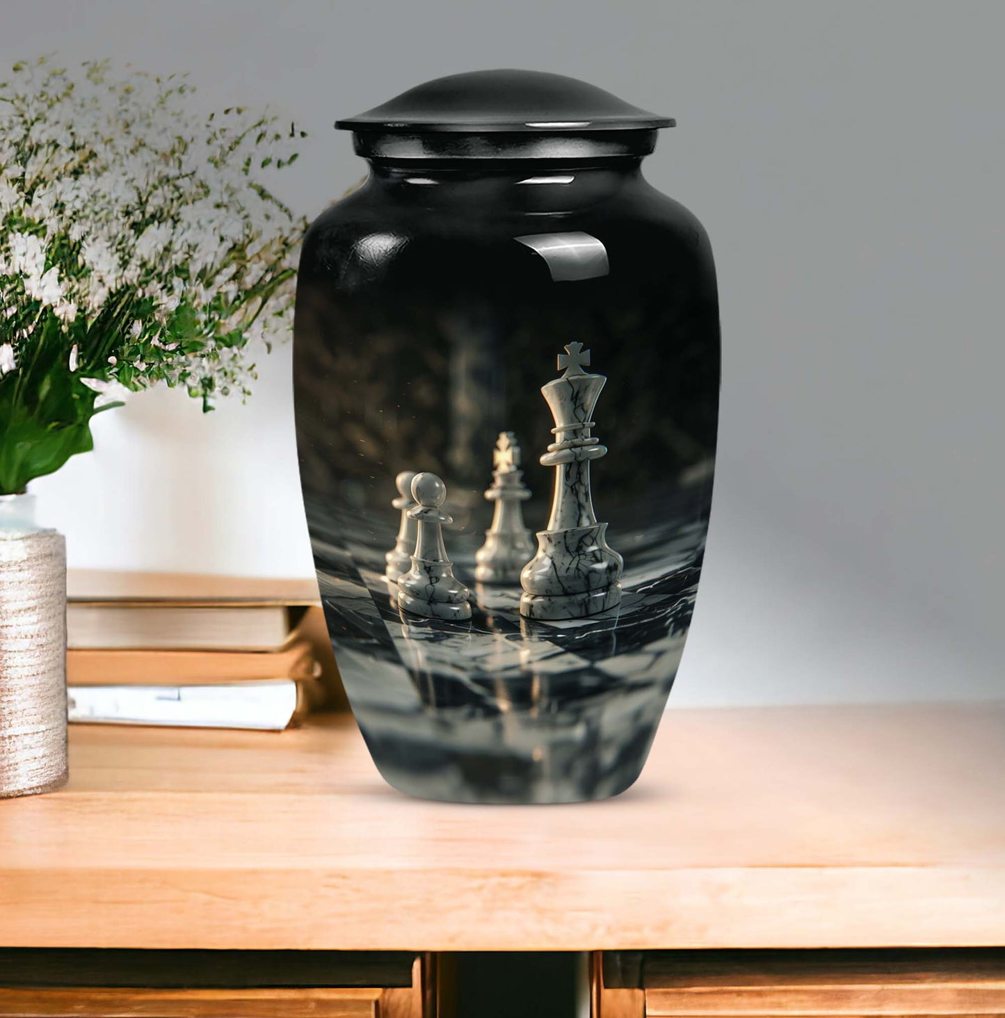 10-inch Classic Chess-themed Aluminum cremation urn 