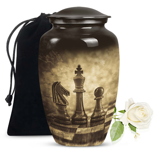 chess-themed aluminum cremation urn,