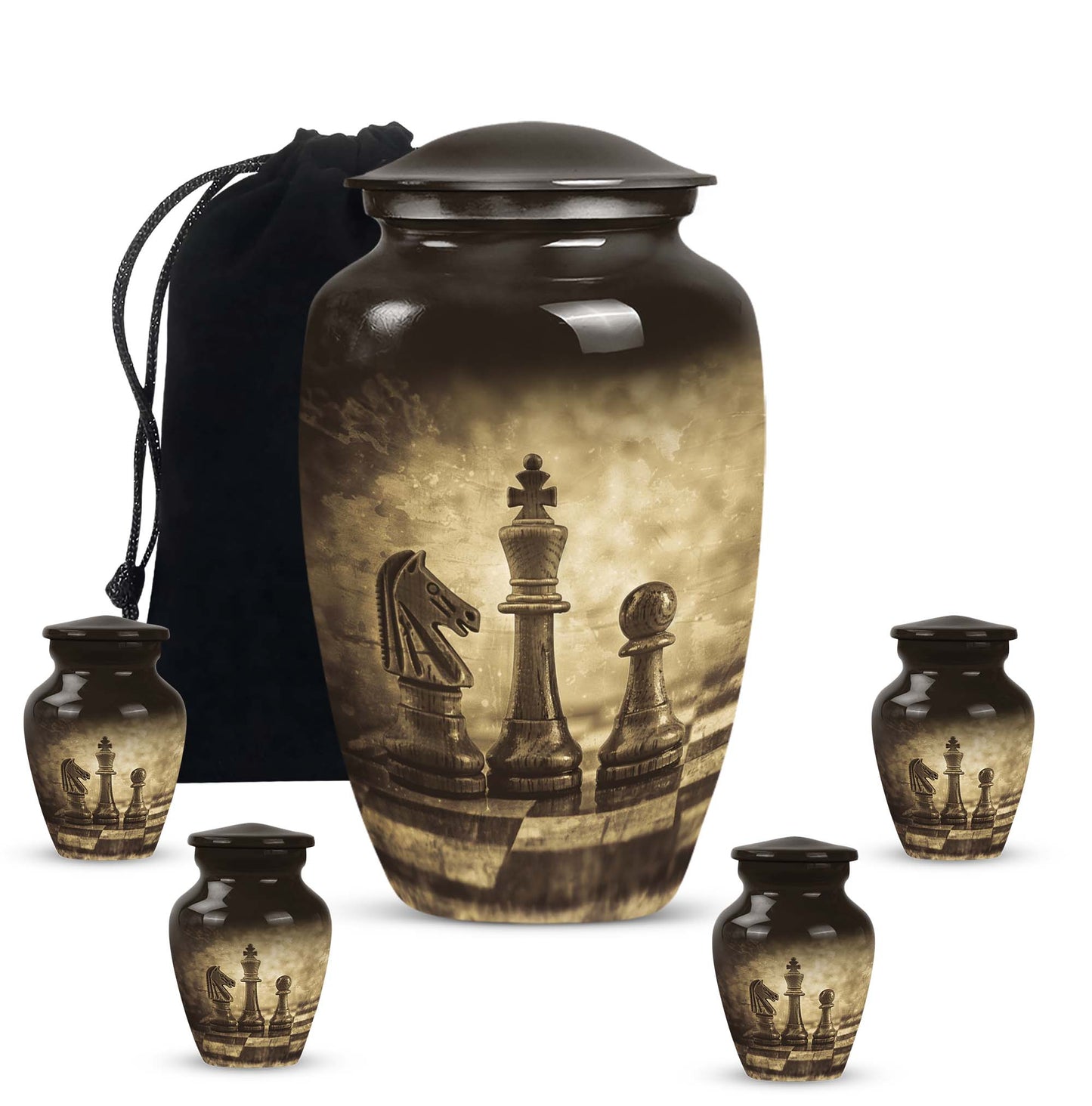 chess-themed aluminum cremation urn,