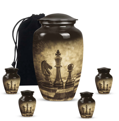 chess-themed aluminum cremation urn,
